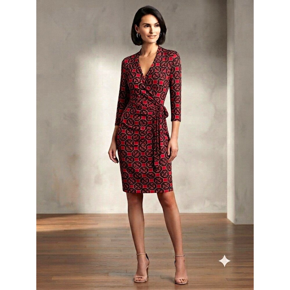 Maggy London Red And Black Geometric Wrap Dress